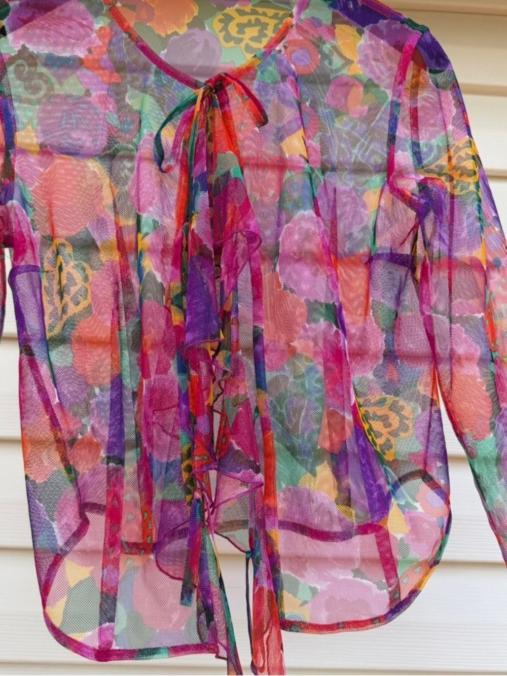 Multicoloured sheer mesh blouse with bow ties & ruffles